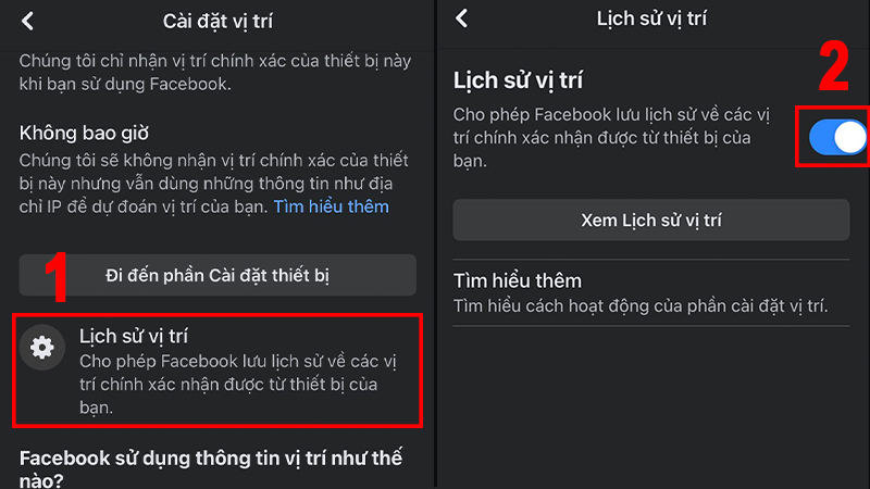 Vào phần Lịch sử vị trí để kích hoạt tính năng định vị trên Facebook